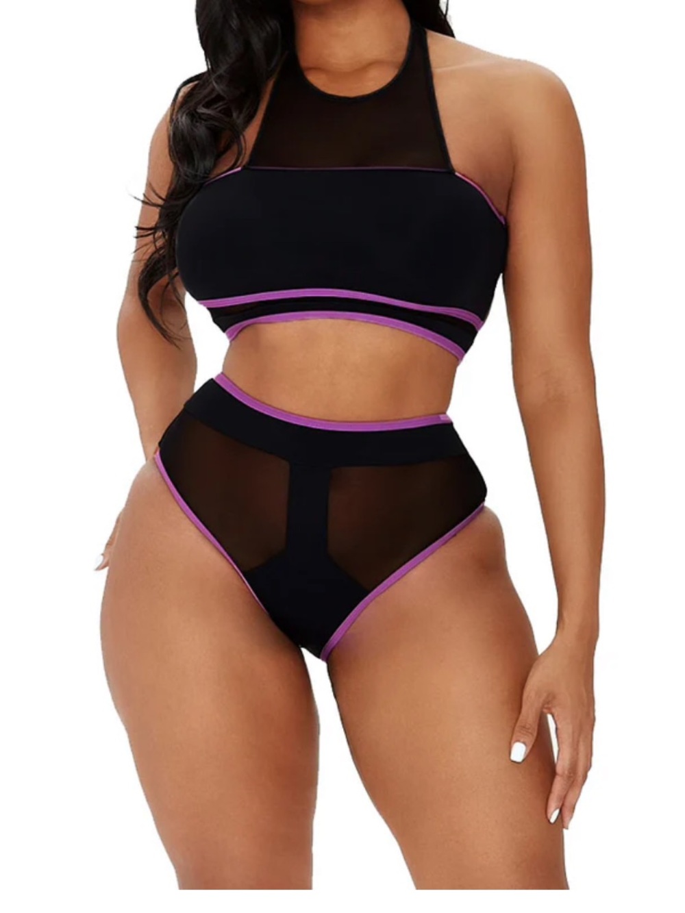 Black Mesh Two-Piece Bikini with Purple Trim
